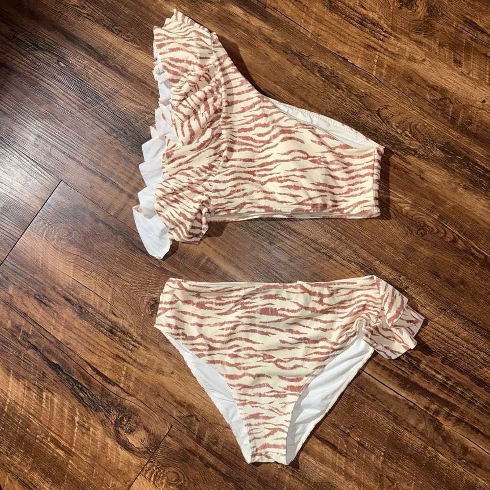 Paper London Tiger Stripe Cream One Shoulder Ruffle Bikini Small Women
